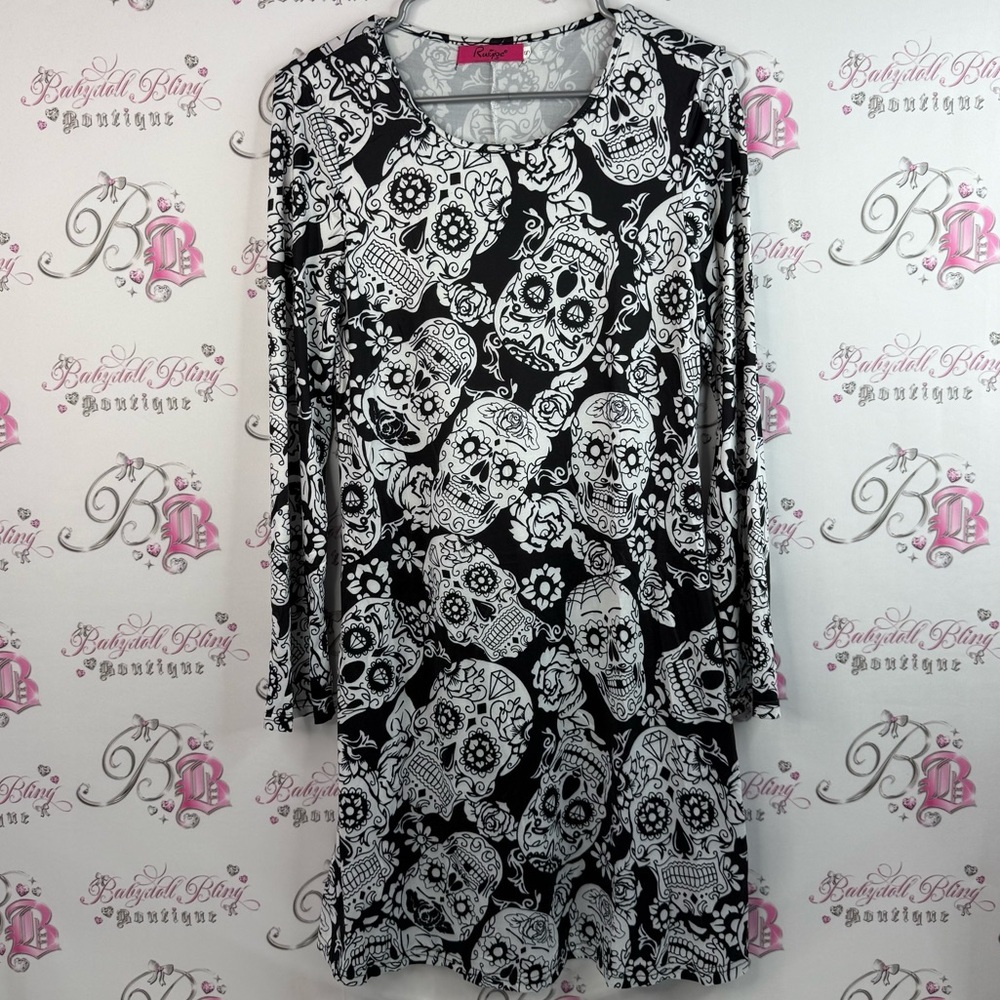 Ruiyige dress, sugar, skulls, floral, Skull Print Black and White Dress